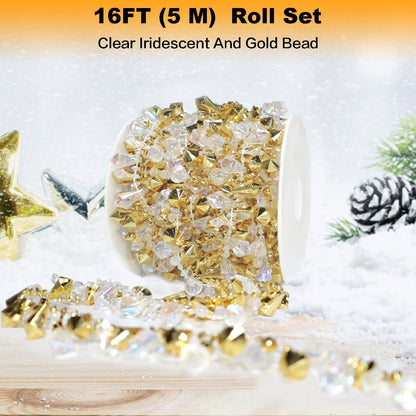 Jishi 16ft Christmas Garland Christmas Tree Gold Bead Decoration Clear Iridescent & Gold Bead Garland Twist Bead String for Christmas Tree Decorations, Rustic Crystal Garland Ornaments for Home Decor