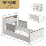 IRONCK Twin Bed Frame with Rails, Farmhouse Platform Bed with 2 Drawers, Upholstered StorageHeadboard & Charging Station for Boys Girls Teens, No Box Spring Needed, White/Walnut IRONCK