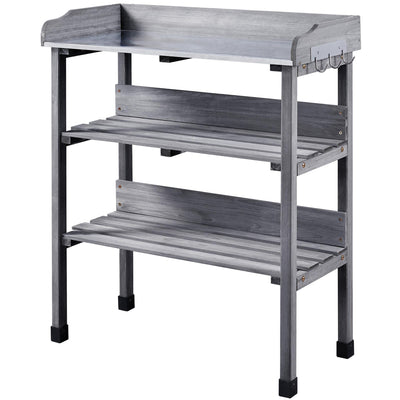 Topeakmart Fir Wood Potting Bench W/Storage Shelf W/Metal Tabletop W/Hook 3 Shelves Potting Table for Outdoor Garden Work Bench Gray