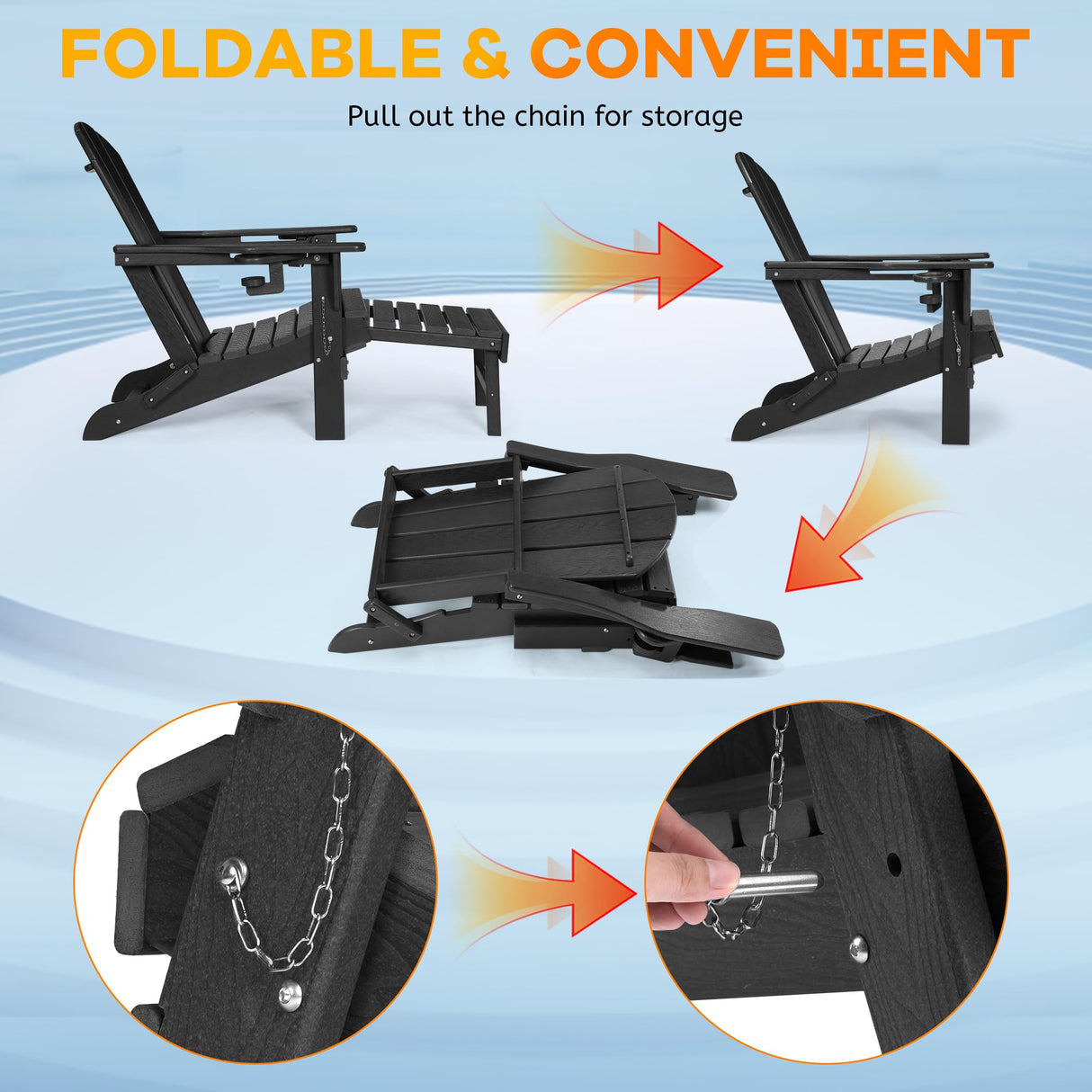 Rengue Folding Adirondack Chair with Retractable Ottoman, Patio Chair with Cup Holder, Wood Texture Fire Pit Chair, Heavy Duty HDPE Weather Resistant for Outdoor Lawn Porch Garden Backyard Deck Rengue