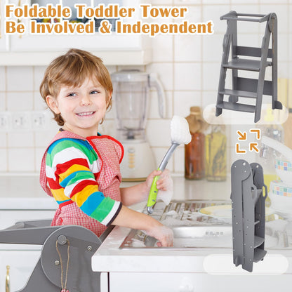 FUNLIO 3-Level Height Adjustable Kitchen Step Stool, Foldable Toddler Tower for Kids 2-6 Years, Montessori Child Standing Tower, CPC & CE, Easy to Assemble, Grey