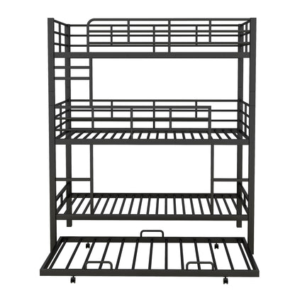 Zyerch Metal Twin Size Triple Bunk Bed with Trundle for 4, Twin Over Twin Over Twin 3 Bunk Beds with 2 Ladders & Guardrails, Convertible to 3 Separate Beds for Kids Teens, Bedroom Homestay, Black