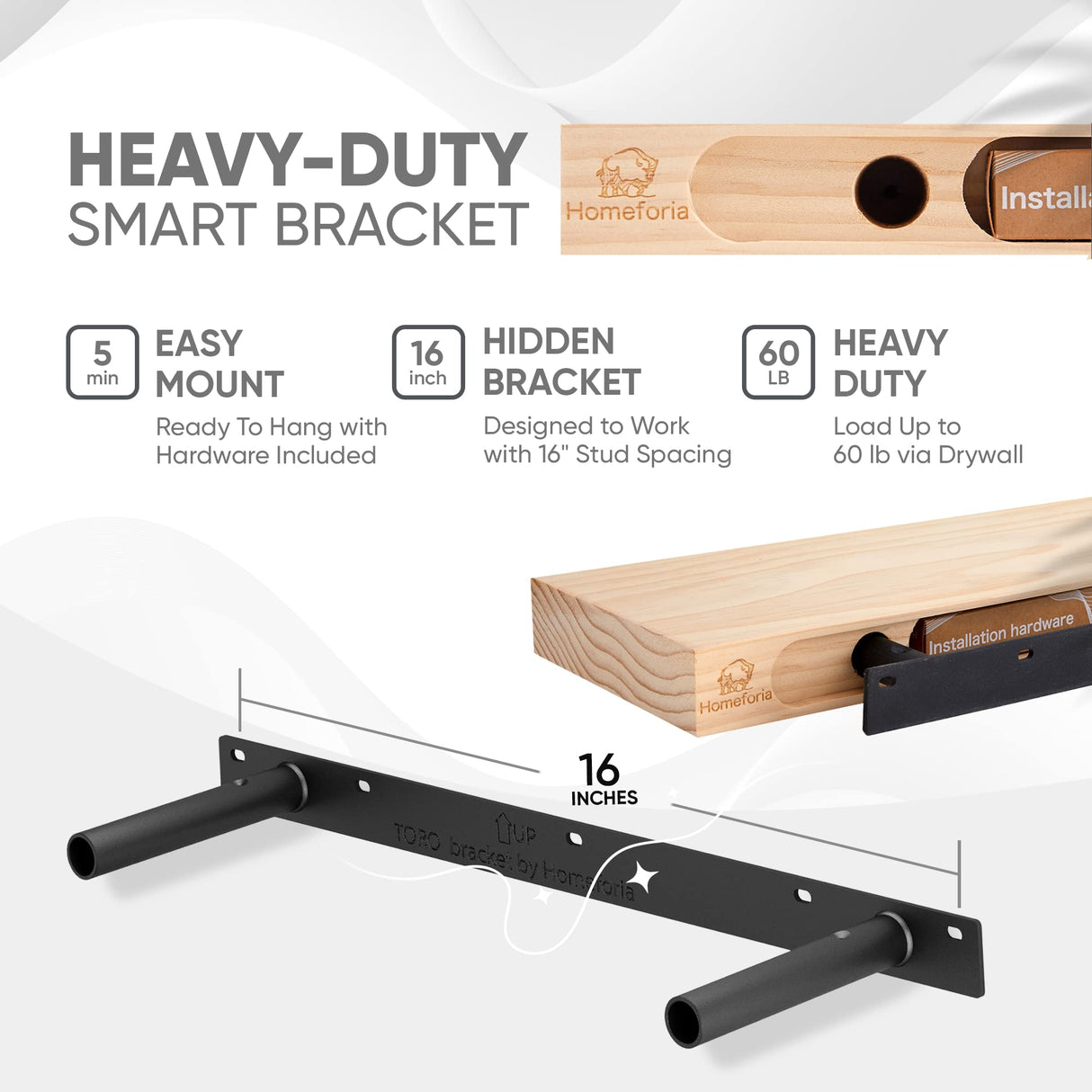Homeforia White Floating Shelves 24 inch, High End Solid Real Wood 24inch Bathroom Floating Shelf for Wall Mounted, White Wooden 24in Floating Shelves, Heavy Duty Bracket, 24 X 6.5 X 1.75 in, Set of 2 Homeforia