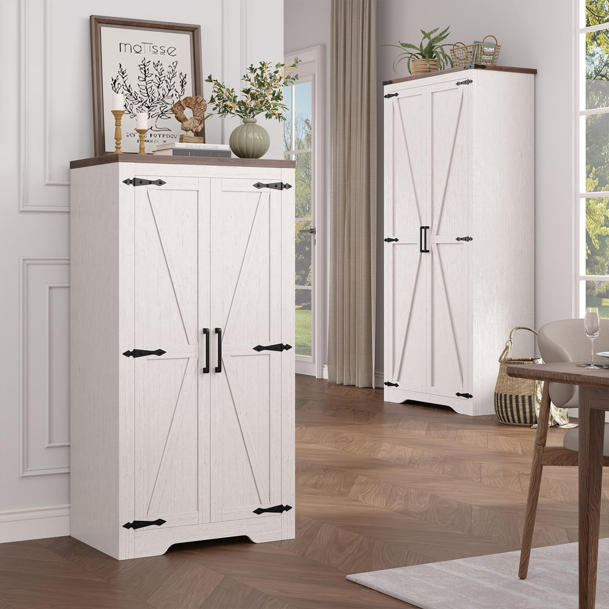 Befrases 47" Kitchen Pantry Cabinet, Farmhouse Storage Cabinet with Barn Doors and Adjustable Shelves, Freestanding Kitchen Hutch,Wood Cupboard for Living Room, Bathroom, Hallway, White Befrases