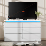 Gyfimoie 6 Drawer White Dresser for Bedroom, 47.2" Long Chest of Drawers with Charging Station & LED Lights, Double Wooden Storage Cabinet Dresser for Closet,Modern TV Stand with Deep Drawers Gyfimoie