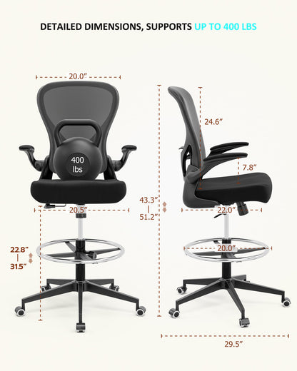 Frylr Ergonomic Drafting Chair Tall Office Chair for Standing Desk - Tall Adjustable High Office Chair with Extended Height, Breathable Mesh Back for Counter Height Desks, Up to 400 lbs, Black