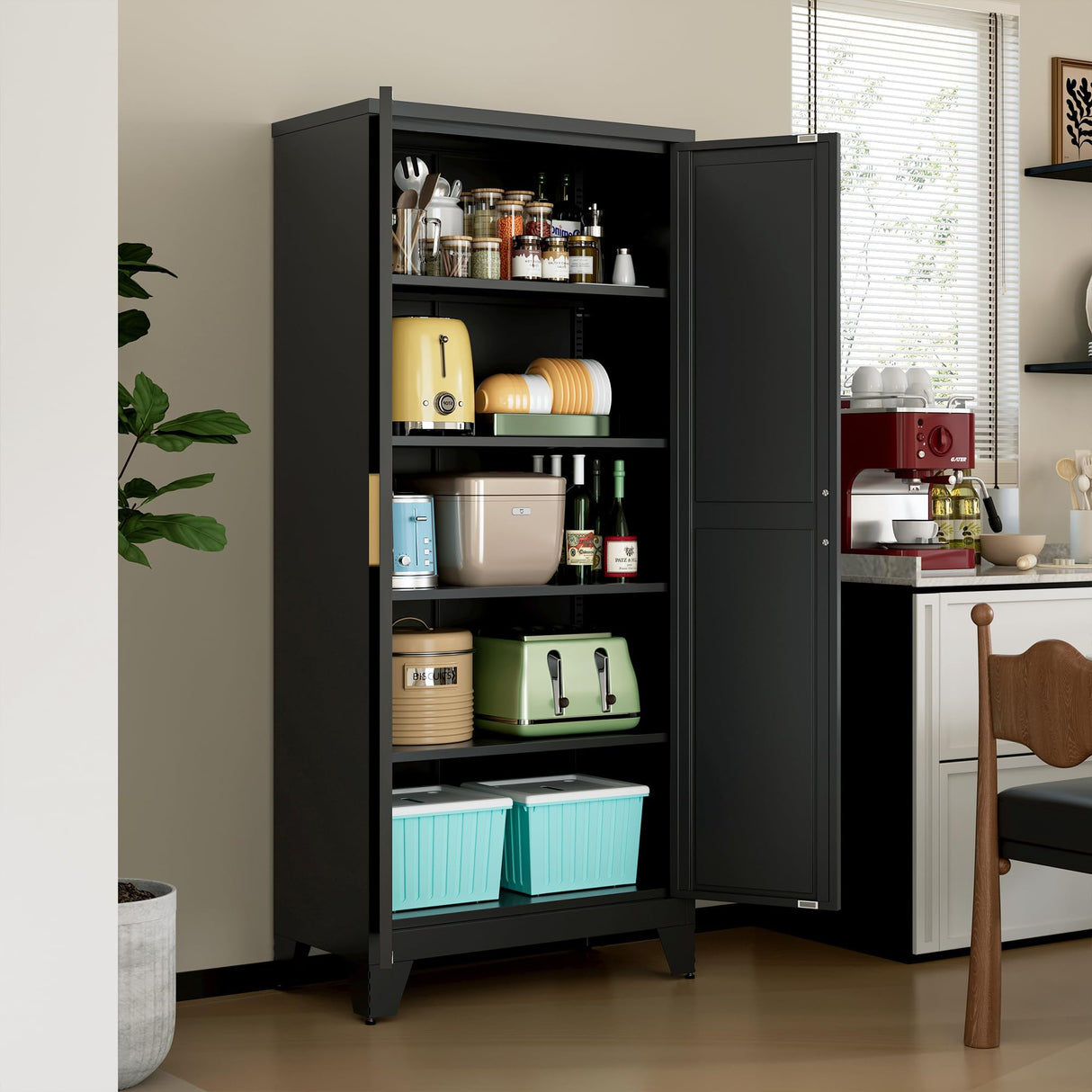 71" Tall Metal Storage Cabinet with 2 Doors and 4 Adjustable Shelves, 5-Tier Kitchen Pantry Storage Cabinet for Kitchen, Living Room, Dining Room and Office, Black LCAOPC