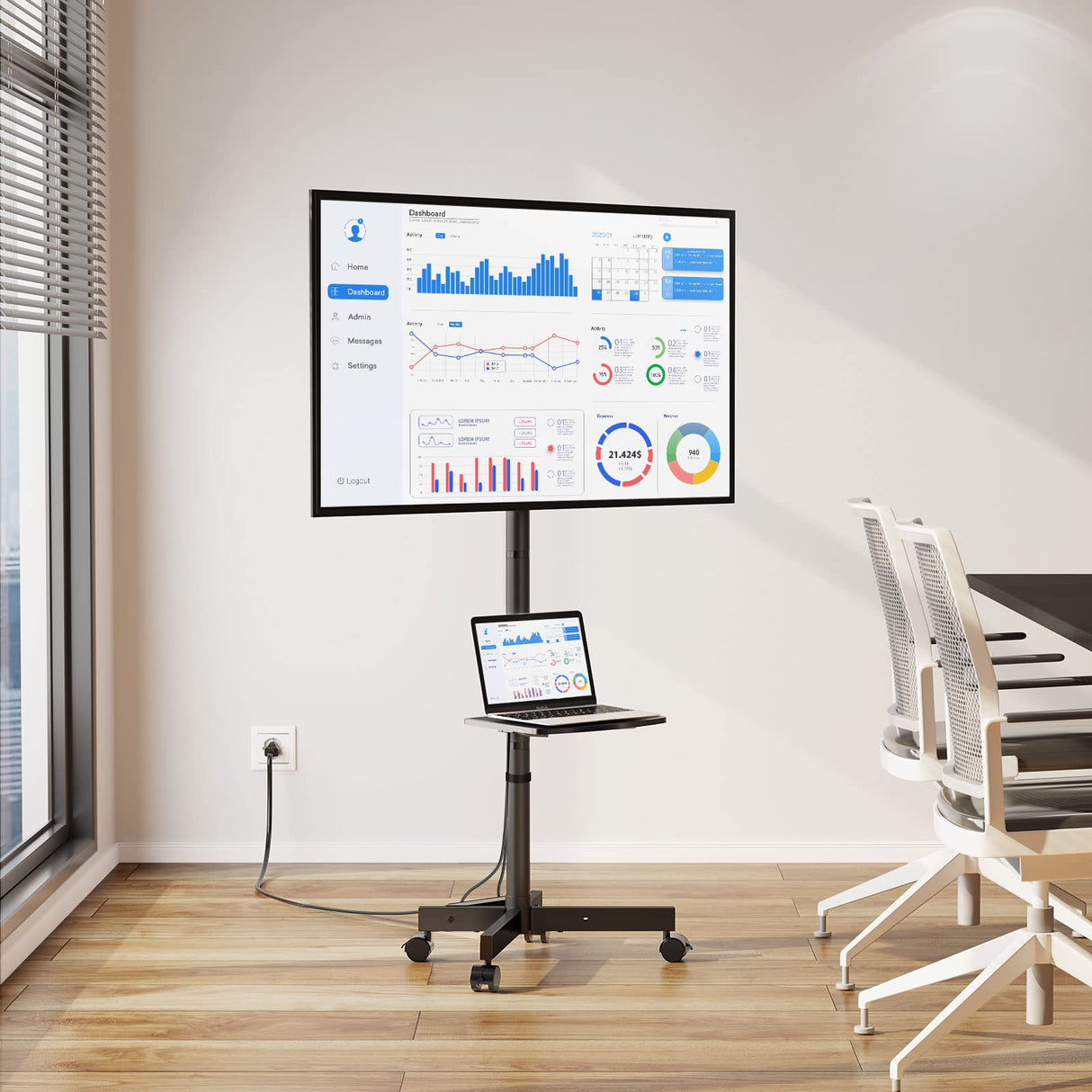 GREENSTELL TV Stand with Power Outlet, Mobile TV Cart on Wheels for 23-60 inch LED LCD Flat Curved Panel Screen TVs, up to 88 lbs, Height Adjustable Rolling TV Stand with AV Shelf, Max VESA 400x400mm GREENSTELL