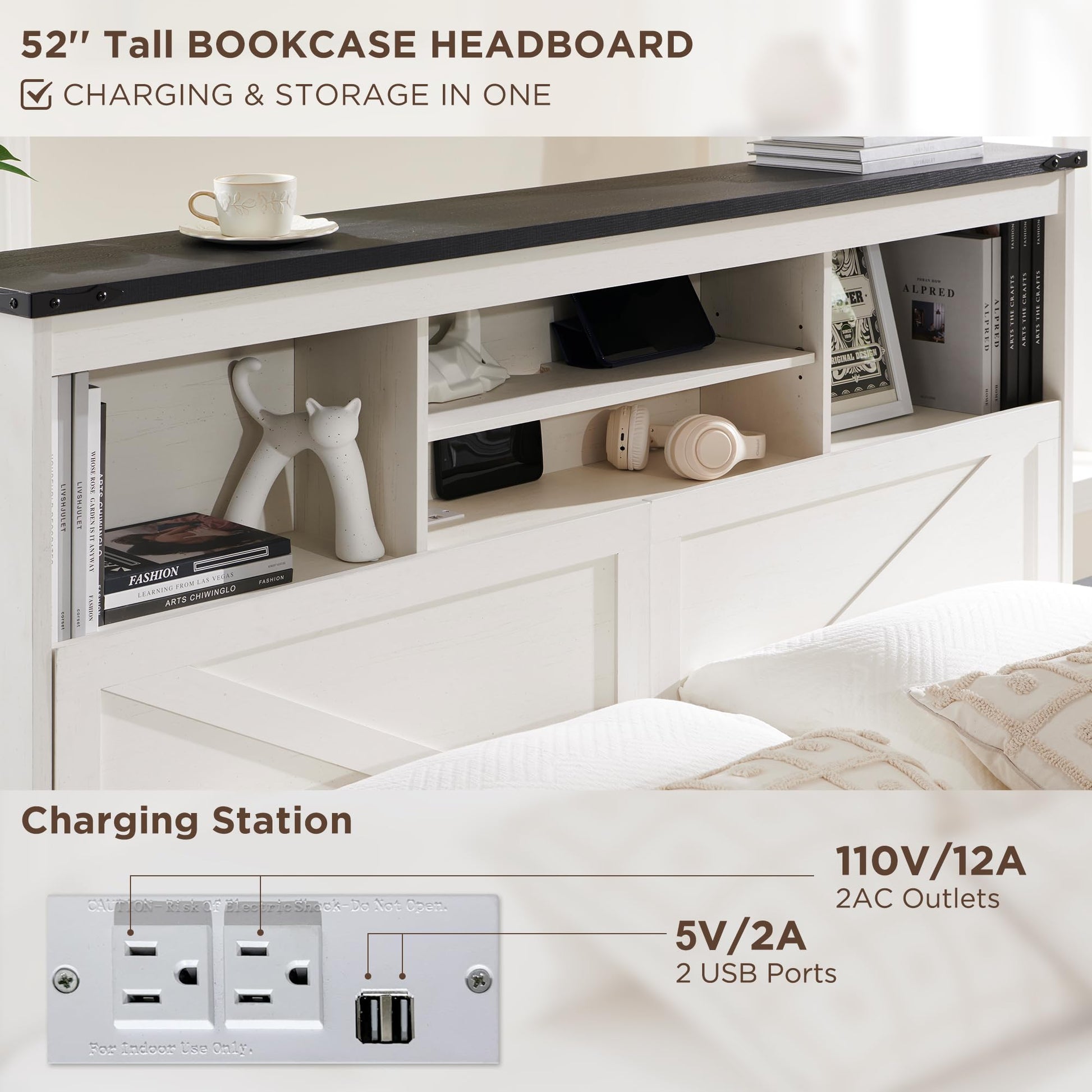 ACCOHOHO Luxury White King Size Farmhouse Wood Bed Frame with 52" Storage Headboard, LED Light, Charging Station & 4 Drawers - WoodArtSupply