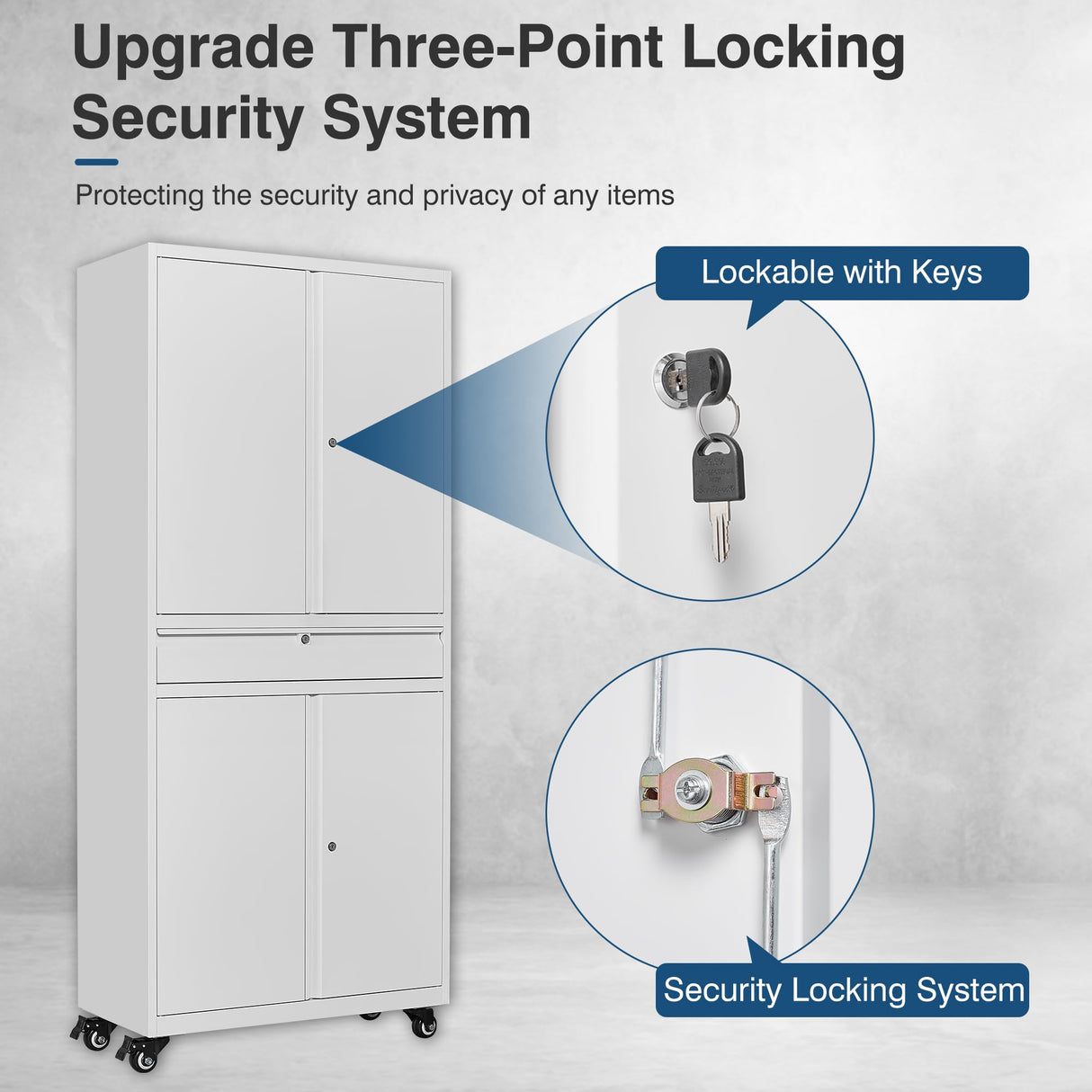 AFAIF White Metal Storage Cabinet with Wheels, 73" Tall Garage Rolling Storage Cabinet with Doors and Shelves, Lockable Tool Cabinet Steel Locking Cabinets for Home Office, Garage, Pantry AFAIF