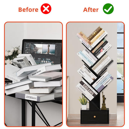 SHEEPAM 8-Tier Tree-Shaped Bookshelf with Drawer - Space-Saving Black Wood Bookcase for Home & Office - WoodArtSupply