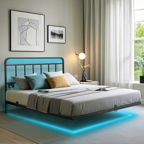 Domus Homeware Floating Queen Size Platform Bed Frame with LED Lights & Charging Station - Includes Powered Screwdriver for Assembly, Mattress Fasteners & Corner Pads, Hardened Steel Domus Homeware