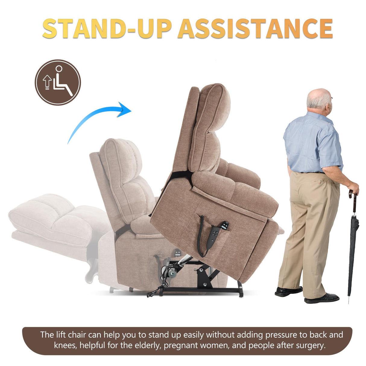 Trustyue Extra Large Dual Motor Power Lift Recliner Chair, Lift Chair with Massage and Heat for Elderly, Lay Flat Recliner, Standing Assistance, Stainless Steel Cup Holders, Chenille Brown Trustyue