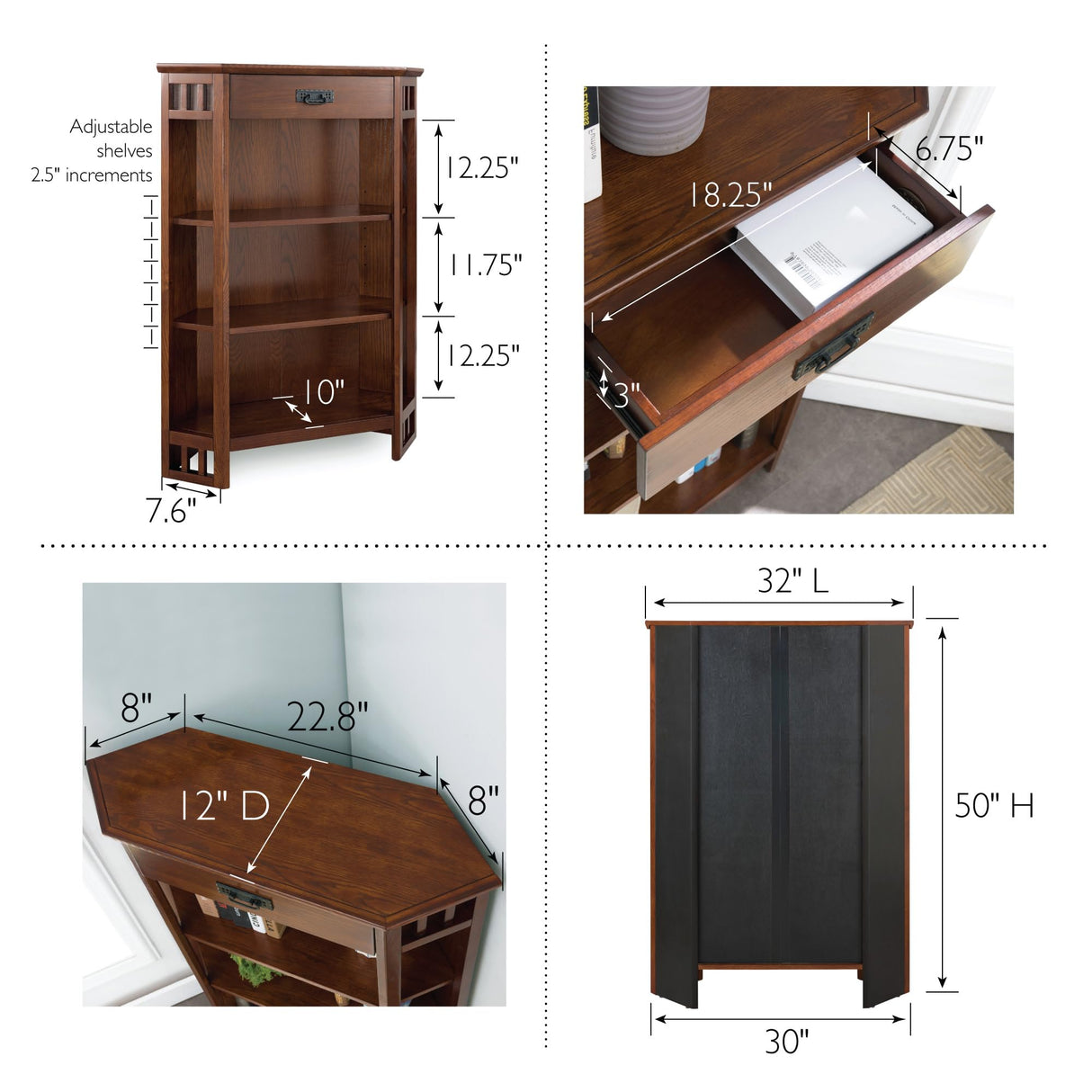 Leick Home Mantel Height Corner Bookcase with Drawer Storage, Made with Solid Wood, for Entryway, Living Rooms, Home Office, Bedroom, Mission Oak Finish, 12"D x 32"W x 50"H, Brownbronze Leick Home