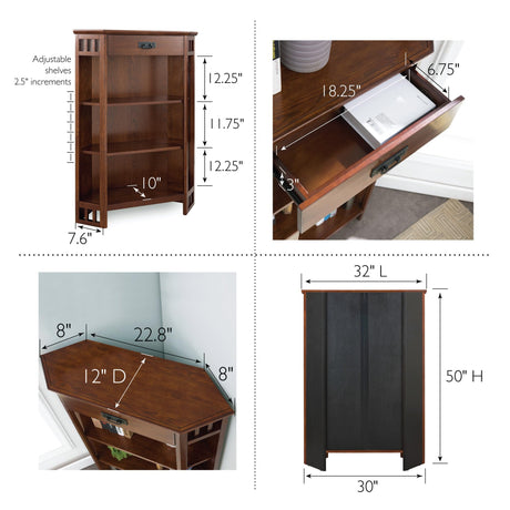 Leick Home Mantel Height Corner Bookcase with Drawer Storage, Made with Solid Wood, for Entryway, Living Rooms, Home Office, Bedroom, Mission Oak Finish, 12"D x 32"W x 50"H, Brownbronze Leick Home