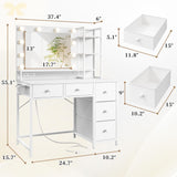 EnHomee White Vanity Desk with Mirror and Lights, Vanity Desk with 5 Fabric Drawers & Power Outlet, 3 Lighting Modes Adjustable Brightness, Bedroom Dressing Table, White EnHomee