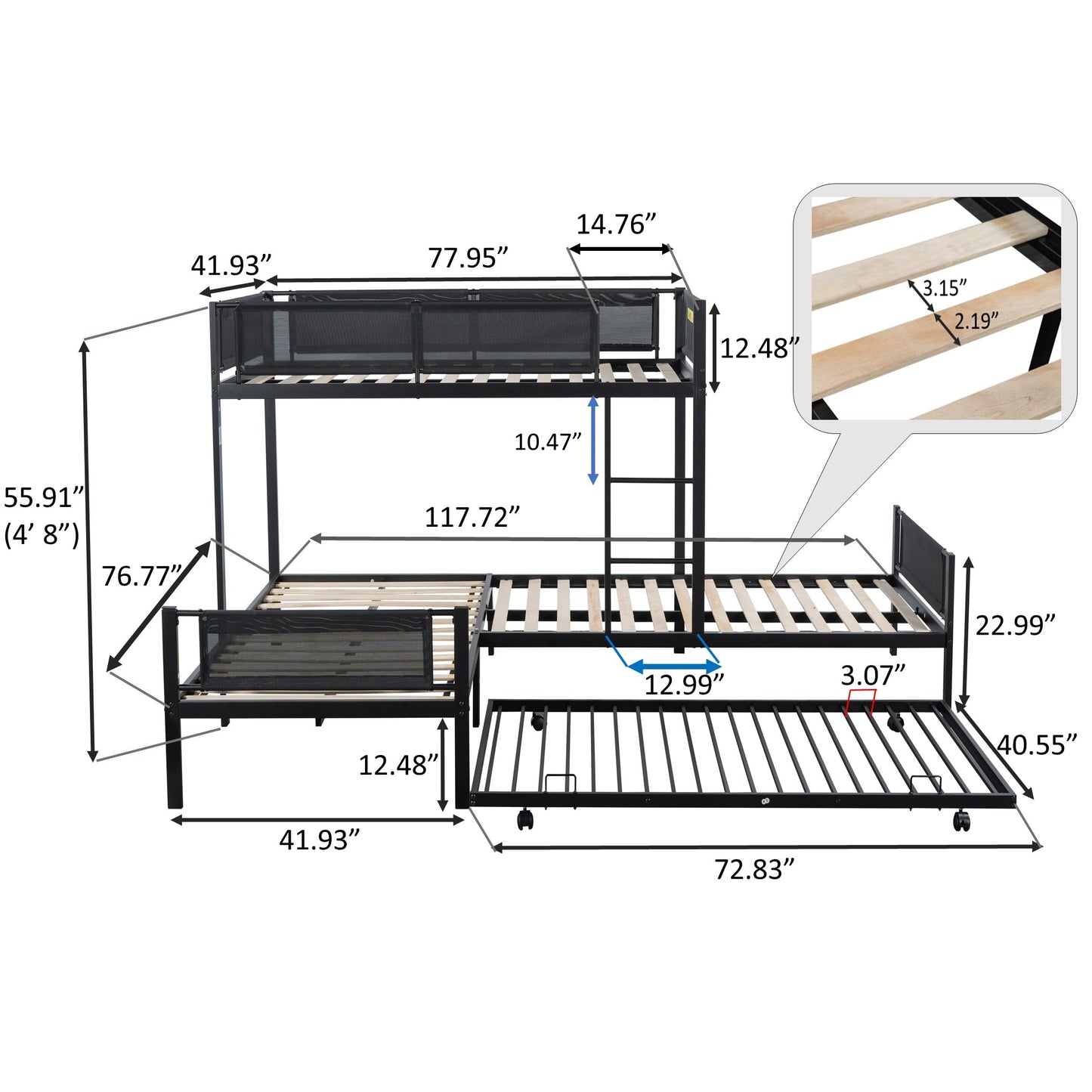 PVWIIK L-Shape Metal Triple Bunk Bed with Trundle for 4 Kids Adults,Sturdy Metal Frame w/Safety Textilene Guardrals for Kids Teens Adults,Noise Free No Box Spring Needed,Black