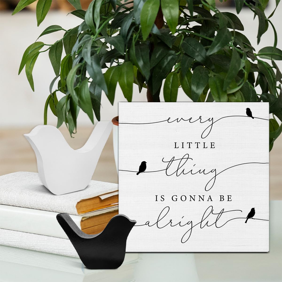 Every Little Thing is Gonna Be Alright Birds Wooden Box Sign Farmhouse Wood Box Sign Spring Art Blocks Desk Shelf Tabletop Home Decor (with 2 Wood Bird Statues) Bifez