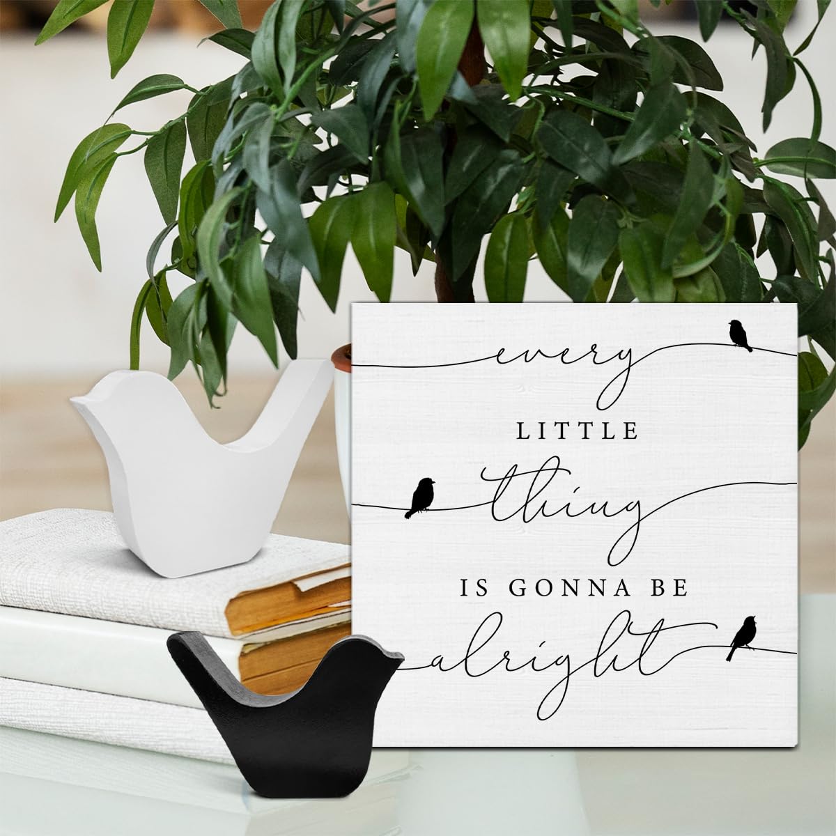 Every Little Thing is Gonna Be Alright Birds Wooden Box Sign Farmhouse Wood Box Sign Spring Art Blocks Desk Shelf Tabletop Home Decor (with 2 Wood Bird Statues)