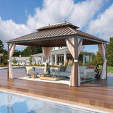 EROMMY 10'x13' Hardtop Gazebo Double Roof Galvanized Steel Canopy Outdoor Aluminum Frame Permanent Metal Pavilion with Netting and Curtains for Patio Backyard Deck and Lawns EROMMY