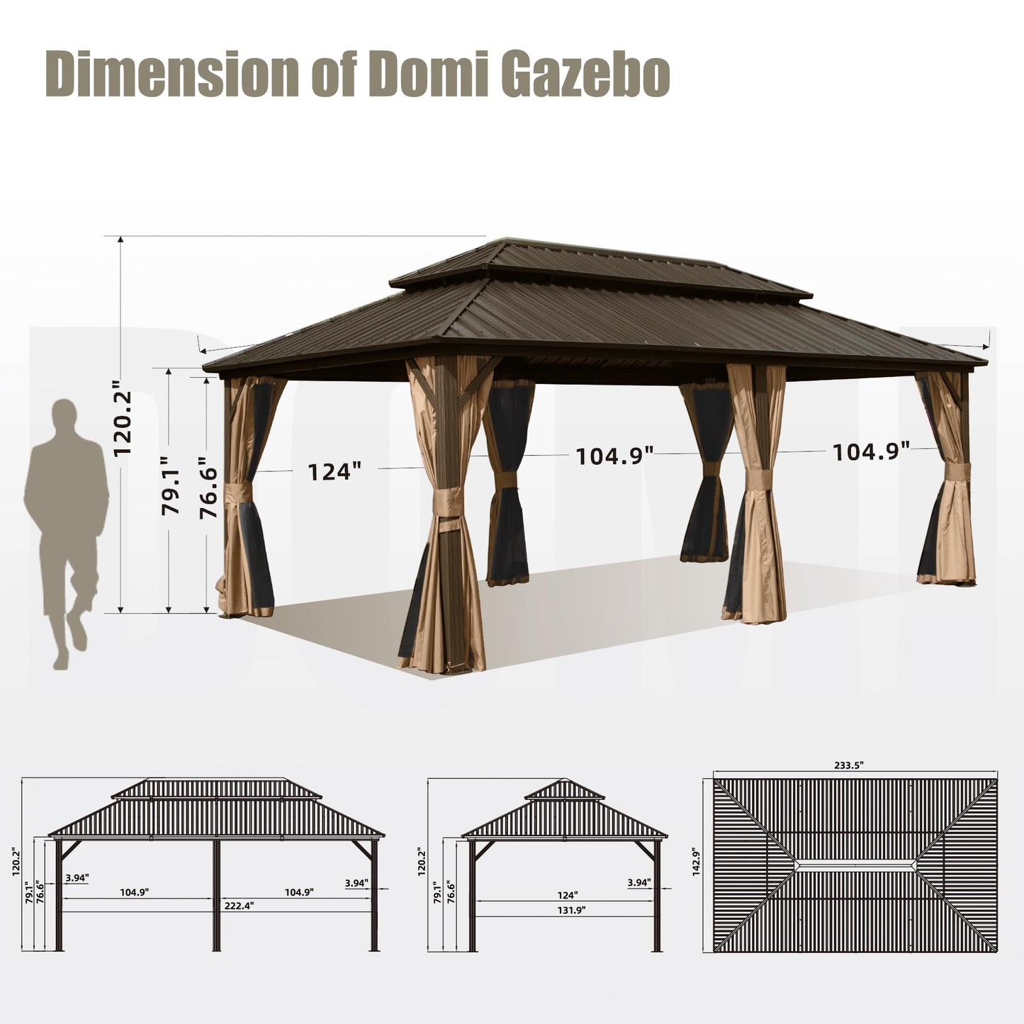 Domi 12'x20' Hardtop Gazebo Canopy Metal,Outdoor Aluminum Gazebo with Galvanized Steel Double Roof,Curtain and Netting,Permanent Gazebo Pavilion for Patio Deck,Backyard