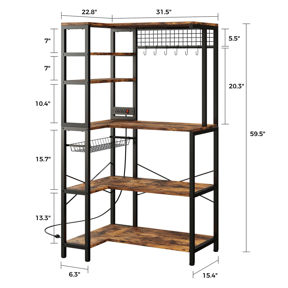 IRONCK Bakers Rack with Power Outlet, 5-Tier Corner Microwave Stand with Storage, Coffee Bar with 6 S-Shaped Hooks, Kitchen Shelves with Wire Basket IRONCK