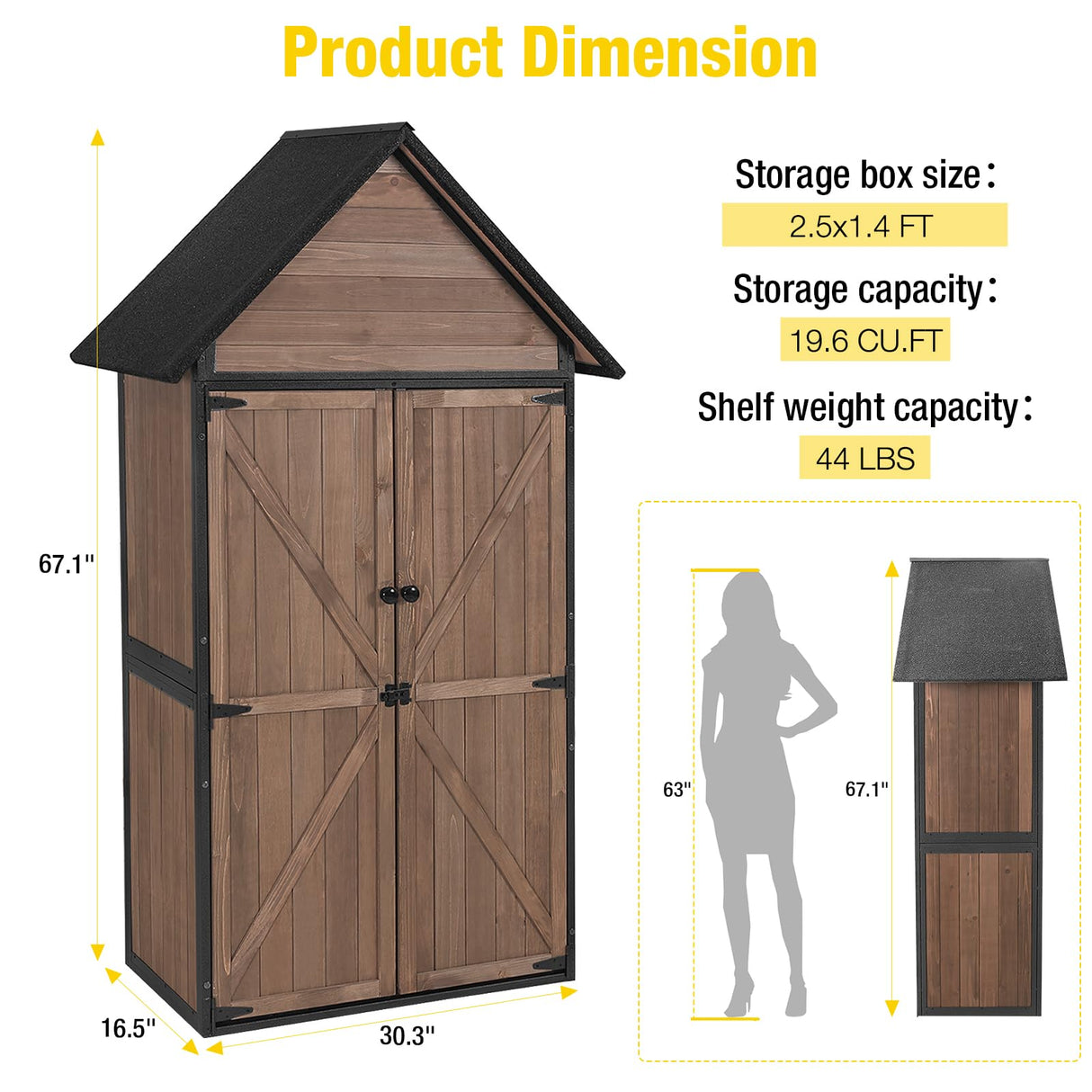Outdoor Storage Shed,Vertical Wooden Tool Shed with Waterproof Roof,Adjustable 3 Tiers Shelves,Storage Tool Cabinet Box with Metal Frame Sloped Roof for Backyard Garden Patio Lawn (Dark Brown) Aivituvin