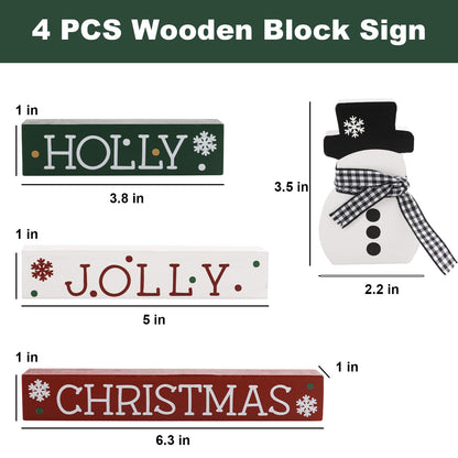 Christmas Decorations-4 PCS Wooden Block Sign-Classic Red White Green Christmas Ornaments for Home Shelf Mantel Fireplace Table Windowsill Decor