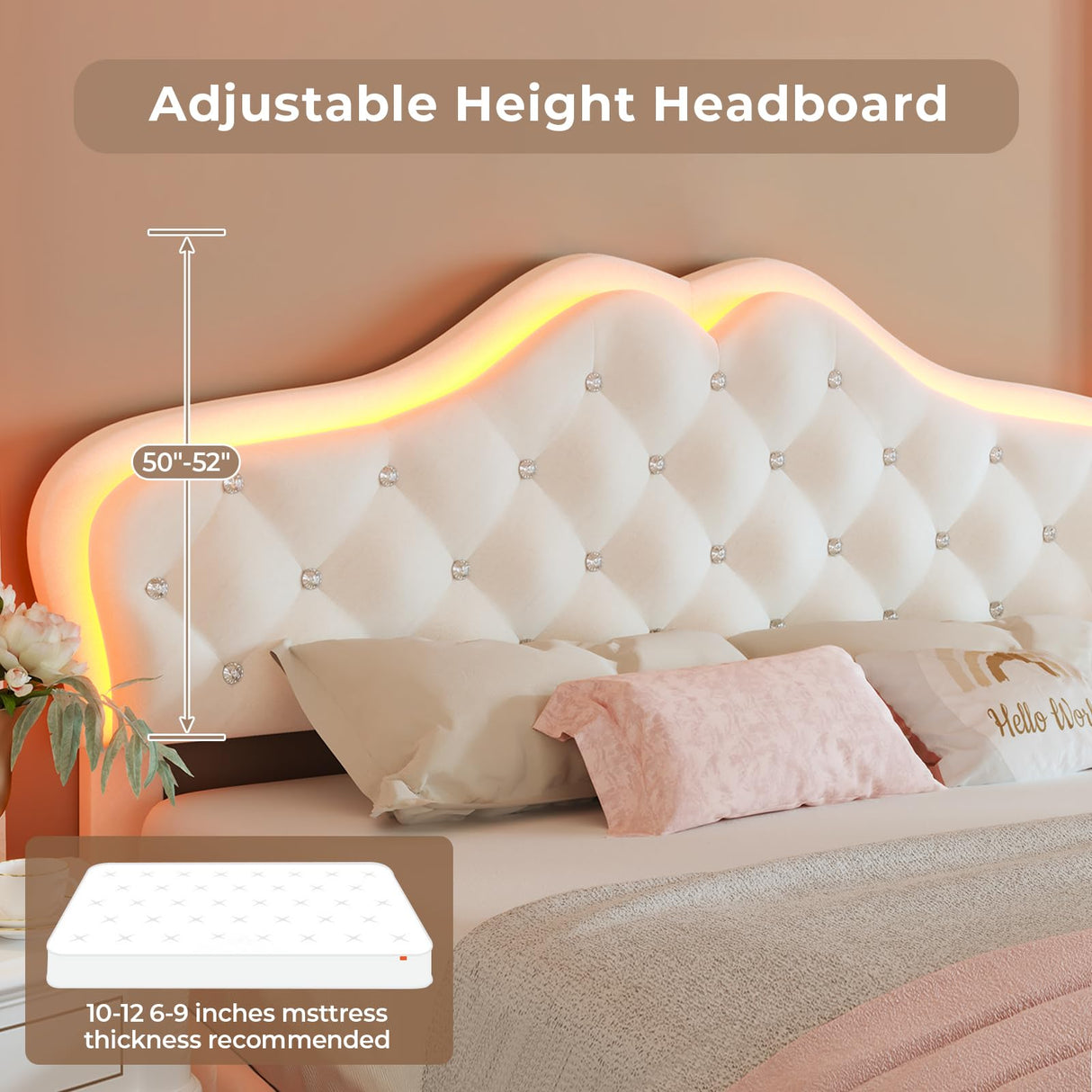 BTHFST Beige Princess Upholstered Bed Frame with LED Lights and Adjustable Headboard BTHFST