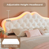 BTHFST Beige Princess Upholstered Bed Frame with LED Lights and Adjustable Headboard BTHFST