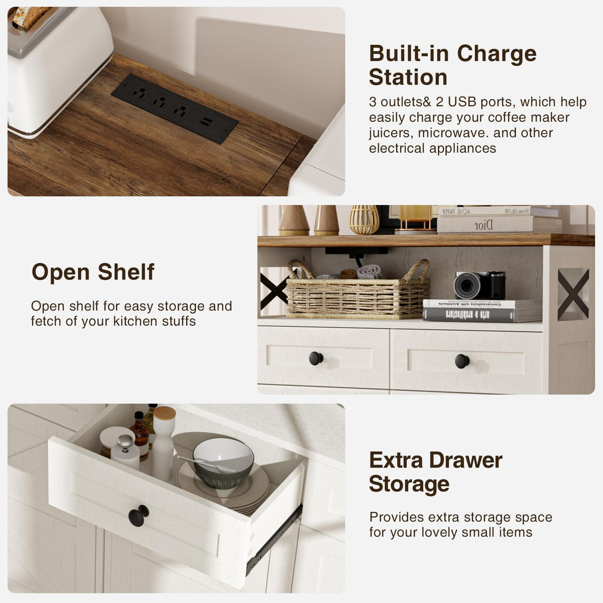 31.5" White Storage Cabinet with Doors & Drawers, Farmhouse Sideboard Buffet Cabinet with Storage, Kitchen Pantry Hutch Cabinet, Coffee Bar Cabinet Table Station for Kitchen, Livingroom, Dining Room FiveWillowise