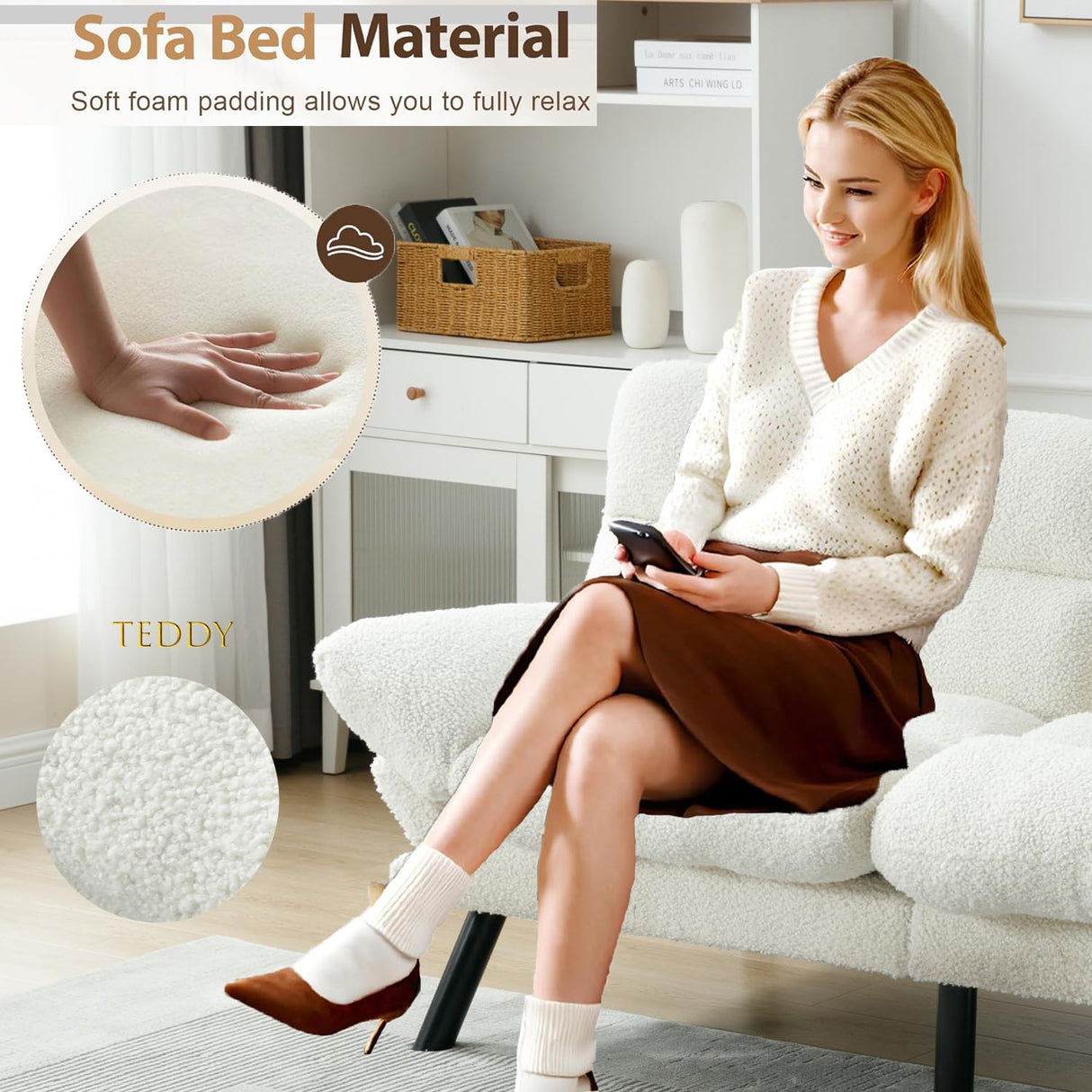 Modern Teddy Velvet Convertible Folding Futon Couch Sofa Bed Adjustable Pillow Top Arm Memory Foam Couch Double Loveseat Sofa for Compact Living Space,Dorm,Game Studio,Apartment,Bedroom (White Teddy) Klwenas Maec