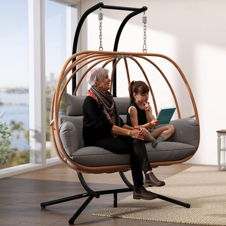 DAYAOUTDOOR Double Egg Chair with Stand, Oversized Egg Chair Outdoor, 2-Person Hanging Eggs Chairs, 600Lbs Sturdy Loveseat Swinging Chair for Balcony, Patio, Deck, Grey DAYAOUTDOOR