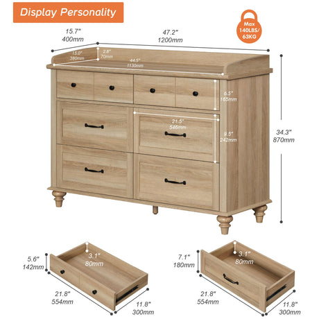 WAMPAT Kids Dresser for Bedroom with 6 Drawers, Oak Baby Dresser with Wide Chest of Drawers, Farmhouse Kids Closet Storage Organizer, Wood Dressers for Living Room, Nursery, Hallway WAMPAT
