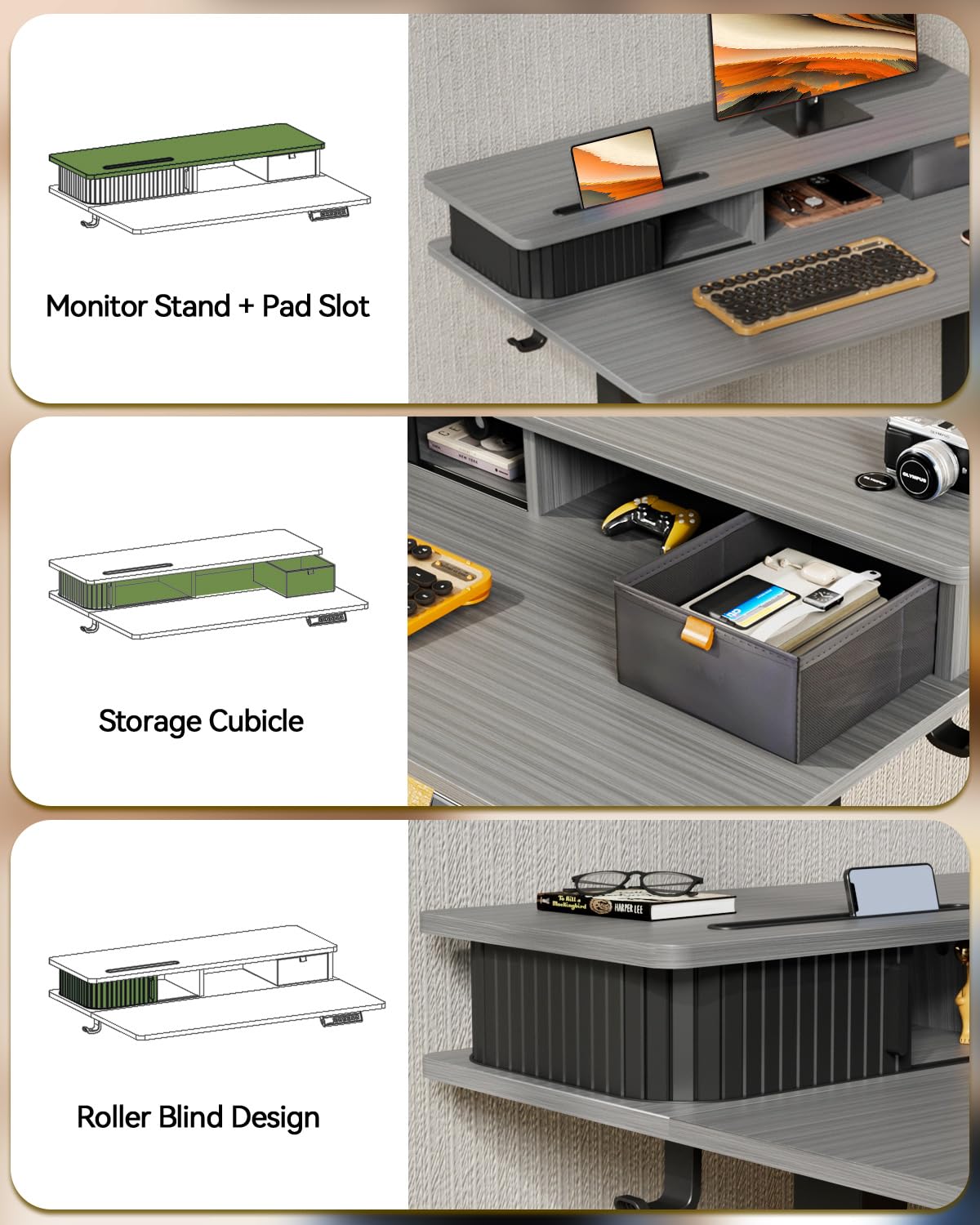 JOY worker Small Electric Standing Desk, 35" x 25" Height Adjustable Table with Built-in Monitor Stand & Storage Drawer, Grey Sit Stand Desk with 2 Hooks for Home Office JOY worker