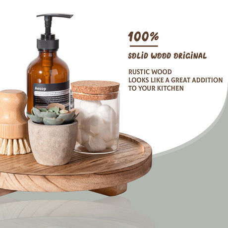 Round Decorative Tray Wood Bathroom Counter Organizer Farmhouse Kitchen Decor Wooden Riser for Soap Dish, Perfume, Candle, Sponge, 10" - Brown zoocatia