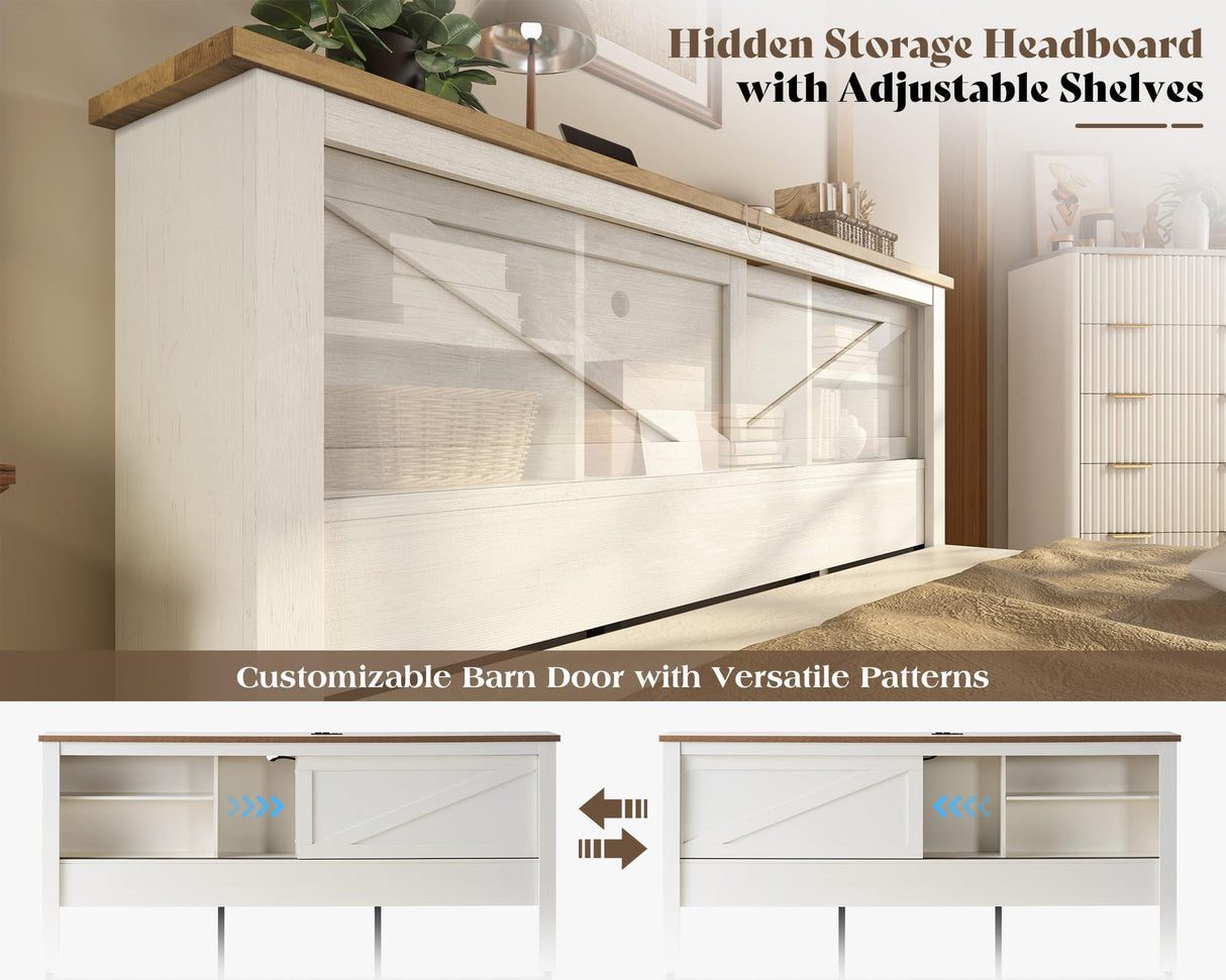 AMERLIFE Queen Bed Frame with Hidden Sliding Bookcase Headboard, Charging Station, 2 Large Storage Drawers, Metal & Wood Platform, Farmhouse, No Box Spring Needed, White & Barnwood AMERLIFE