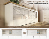 AMERLIFE Queen Bed Frame with Hidden Sliding Bookcase Headboard, Charging Station, 2 Large Storage Drawers, Metal & Wood Platform, Farmhouse, No Box Spring Needed, White & Barnwood AMERLIFE