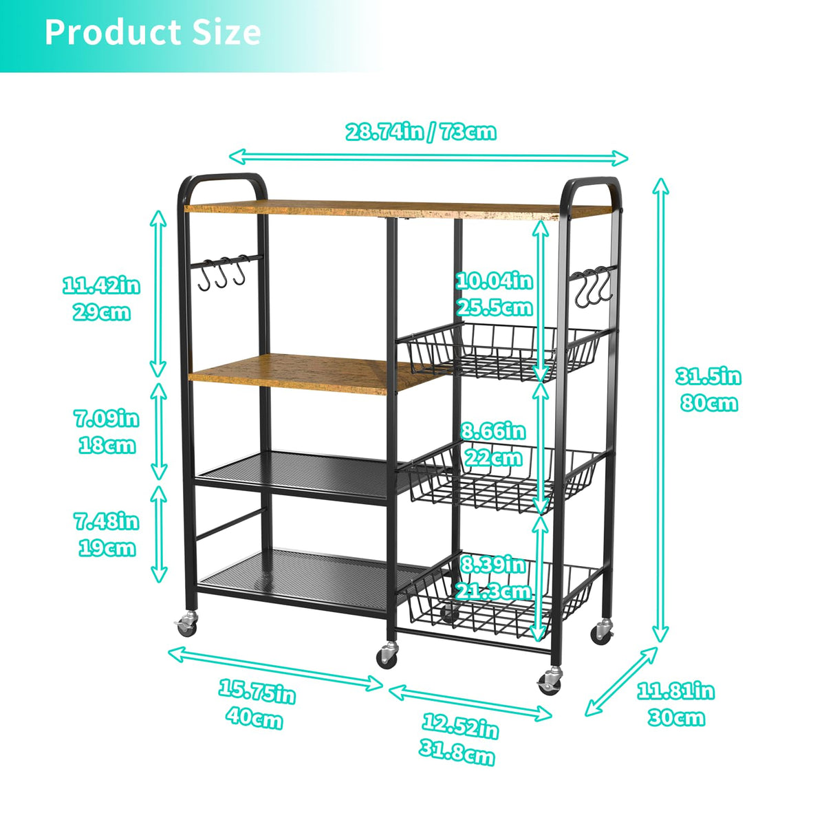 HapiRm Rolling Kitchen Microwave Cart - 4 Tier Microwave Table Stand with Pull-Out Baskets, Coffee Bar Baker's Rack with Wheels Rolling Storage Cart Organizer Shelf for Living Room Office, Balcony HapiRm