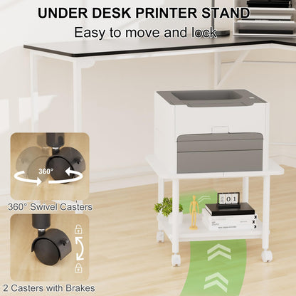 QieerHior Printer Stand 2-Tier Large Printer Table Under Desk Printer Stand for 3D Printers, Desktop Printers, Laser Printers, Rolling Printer Cart with Wheels for Home Office Storage (White)