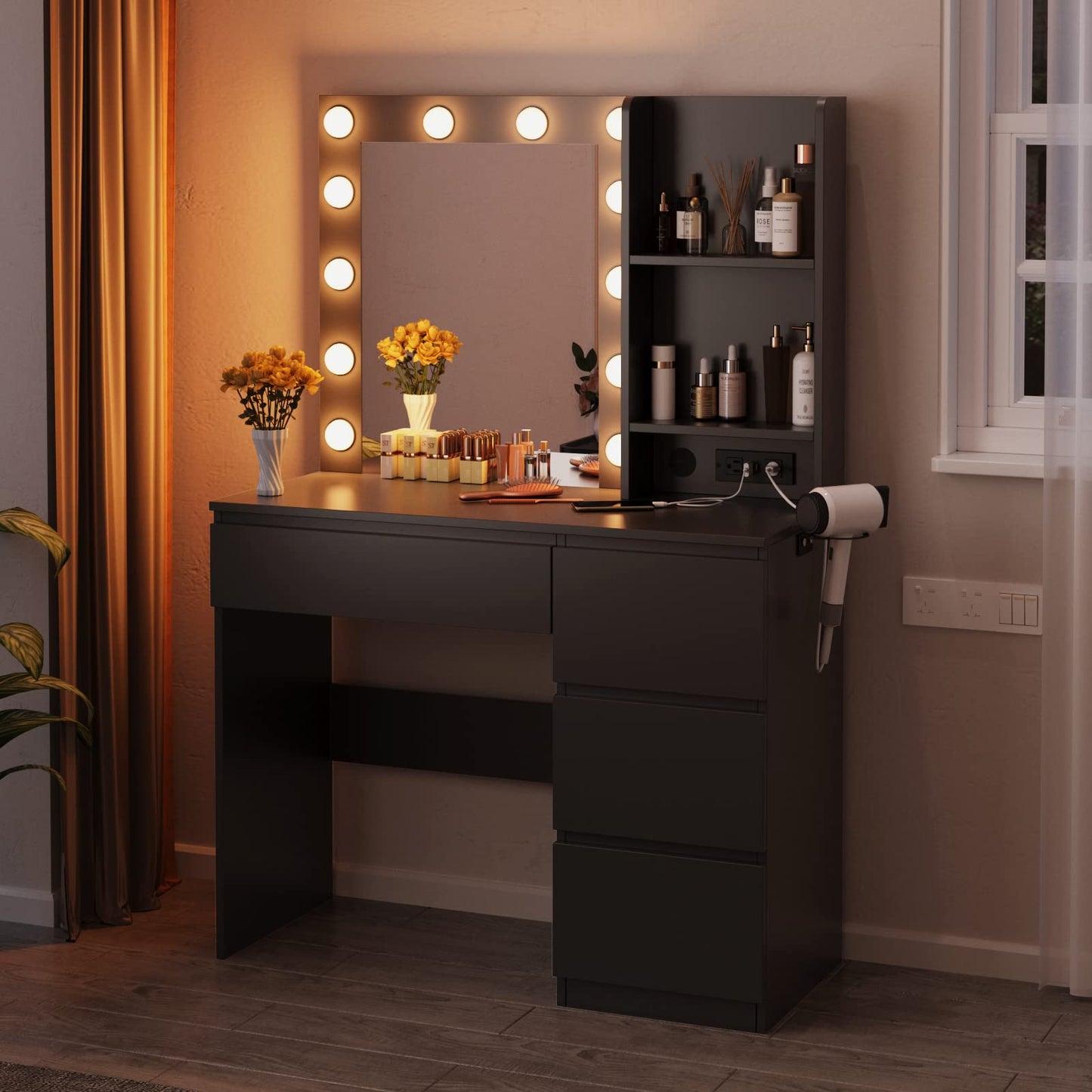 Vabches Makeup Vanity with Lights, 37inch Vanity Desk with Power Strip, 4 Drawers Makeup Table with Lighted Mirror, 3 Lighting Colors,Black