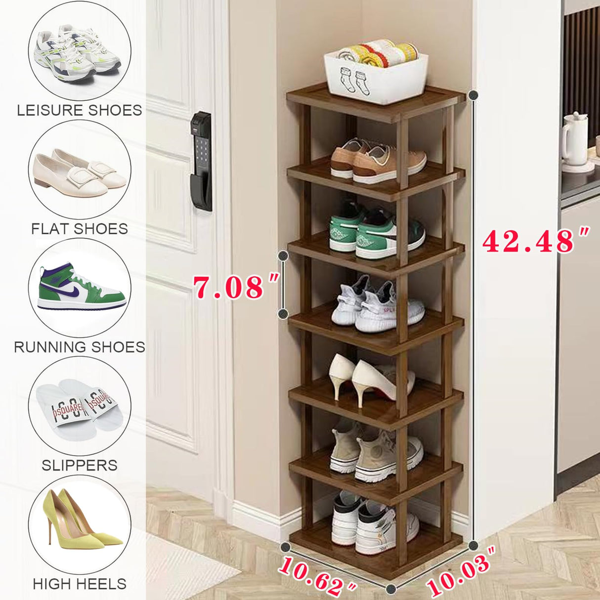 Vertical Shoe Rack - Tall Narrow Shoe Rack Organizer for Small Spaces,7 Tier Bamboo Shoen Shelf for Entryway,Closet,Corner,Doorway,Skinny Shoe Shelf Space Saving Shoe Storage,Free Stackable DIY… AFOORD