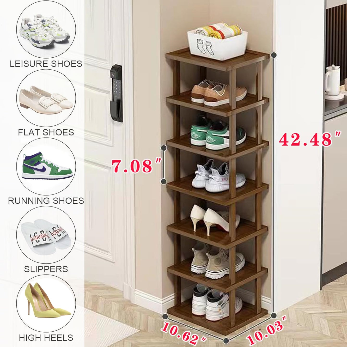Vertical Shoe Rack - Tall Narrow Shoe Rack Organizer for Small Spaces,7 Tier Bamboo Shoen Shelf for Entryway,Closet,Corner,Doorway,Skinny Shoe Shelf Space Saving Shoe Storage,Free Stackable DIY…