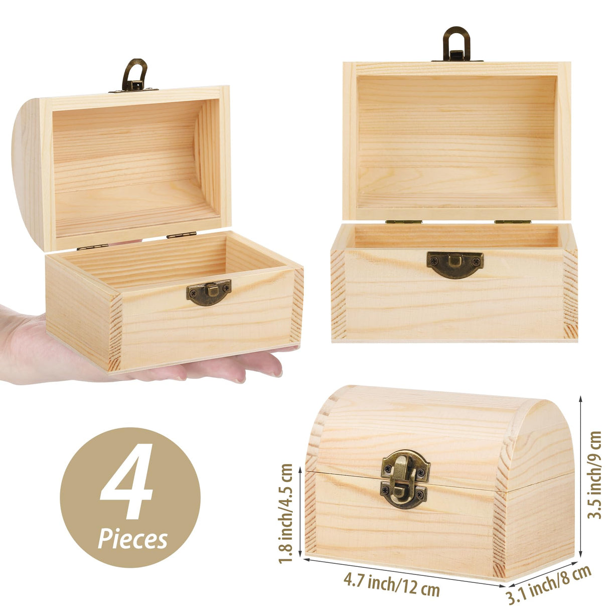 Aodaer 4 Pieces Unfinished Wood Treasure Chest Decorative Pine Wood Box with Hinged Lid and Locking Clasp Plain Decorate Wooden Boxes for Art Hobbies DIY Jewelry Gift Storage Aodaer