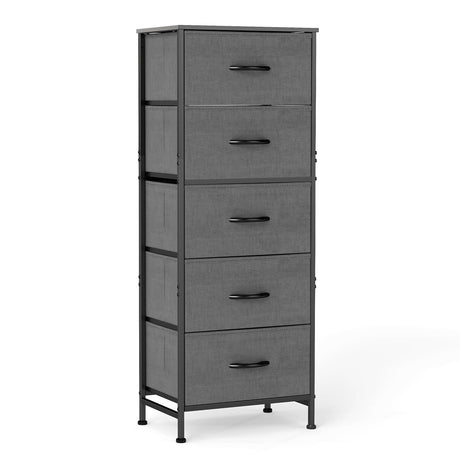 DUMOS Nightstand with 5 Drawers Bedside Table with Removable Fabric Bins Sturdy Steel Frame Wood Top Organizer Furniture for Bedroom Closet Living Room, Grey DUMOS
