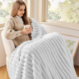 NEWCOSPLAY Super Soft Throw Blanket White Premium Silky Flannel Fleece 3D Ribbed Jacquard Lightweight Bed Blanket All Season Use (White Ribbed, Throw(50"x60")) NEWCOSPLAY