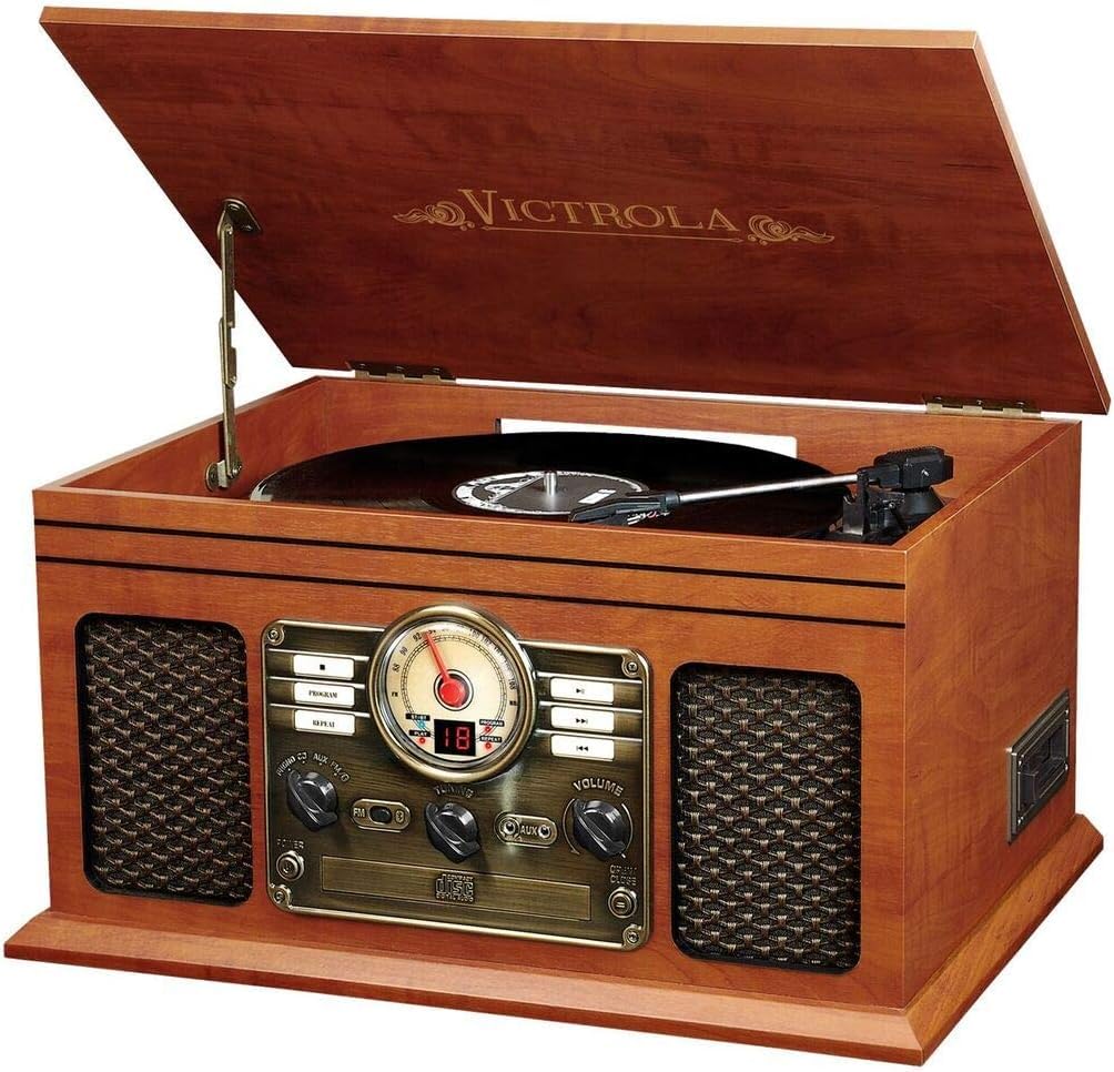 Victrola Nostalgic 6-in-1 Bluetooth Record Player & Multimedia Center with Built-in Speakers - 3-Speed Turntable, CD & Cassette Player, FM Radio | Wireless Music Streaming | Mahogany - WoodArtSupply