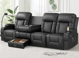 FURNIMAT Recliner Sofa, Modern Dual Reclining Sofa with Flip Back Console, 4 Seater PU Leather Recliner Couch for Living Room/RV, with Storage Drawer, USB Ports, Cup Holder, Cell Phone Holder, Black FURNIMAT