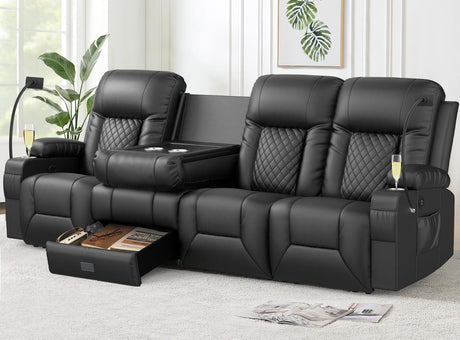 FURNIMAT Recliner Sofa, Modern Dual Reclining Sofa with Flip Back Console, 4 Seater PU Leather Recliner Couch for Living Room/RV, with Storage Drawer, USB Ports, Cup Holder, Cell Phone Holder, Black FURNIMAT