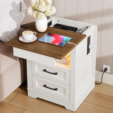 RALGEND Farmhouse Nightstand with Gun Drawer, Bedside Table with Charging Station and LED Light, Night Stand with 3 Drawers, End Table for Bedroom, Living Room, White and Walnut RALGEND